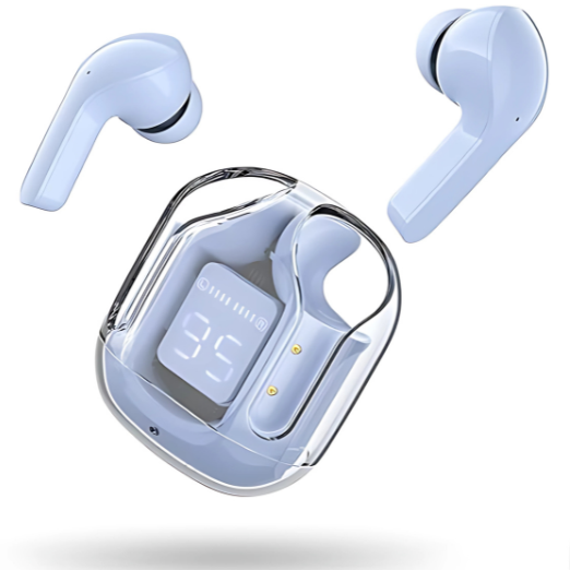 Wireless earbuds with charging case on a white background