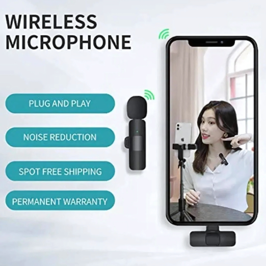 Wireless microphone attached to a smartphone with features listed 