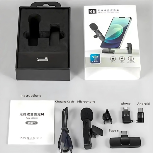 Wireless microphone set with packaging, charging cable, microphone, and accessories