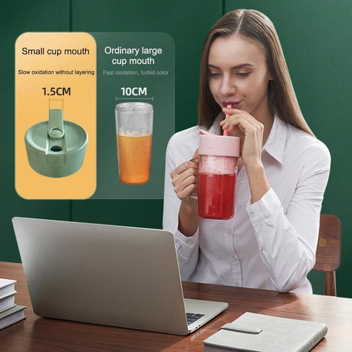 Woman drinking from a pink cup with a green background and text about cup design.