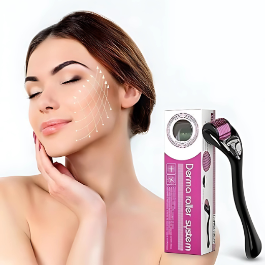 Woman with derma roller system packaging on a white background skin brightner hair remover