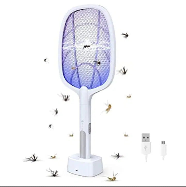 Electric fly swatter with USB cable on a white background