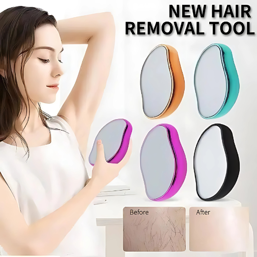 Woman holding a hair removal tool with color options displayed on a white background