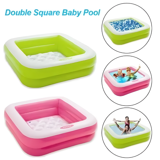 Intex inflatable pool packaging with a child and adult near the pool