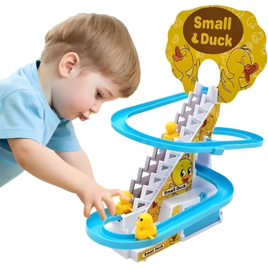 Child playing with a toy duck track set against a white background