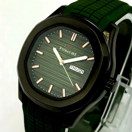 Green watch with green strap and green dial on a white background
