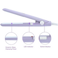 Purple hair straightener with labeled parts on a white background
